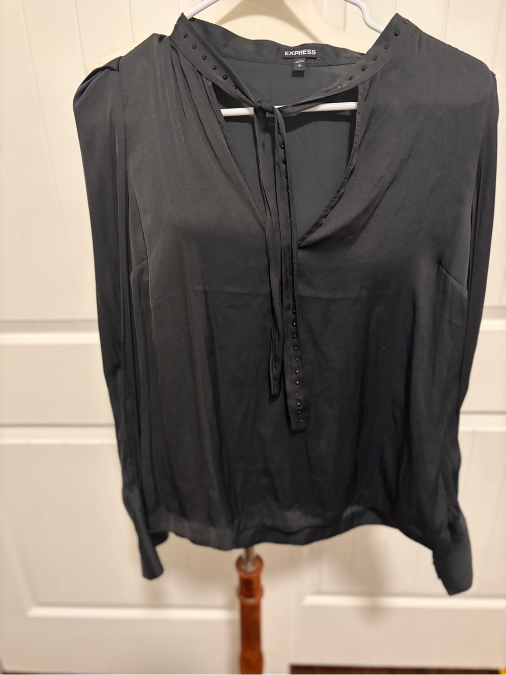 Express Black Long-Sleeve Tie-Neck Blouse with Stud Trim